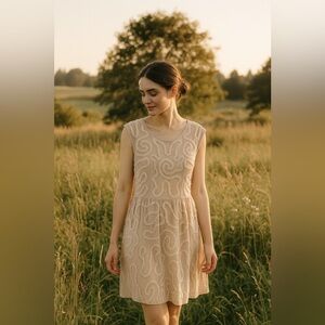 VINTAGE Linen-Like Beige Sleeveless Dress with 3D Ruffled Ribbon Details